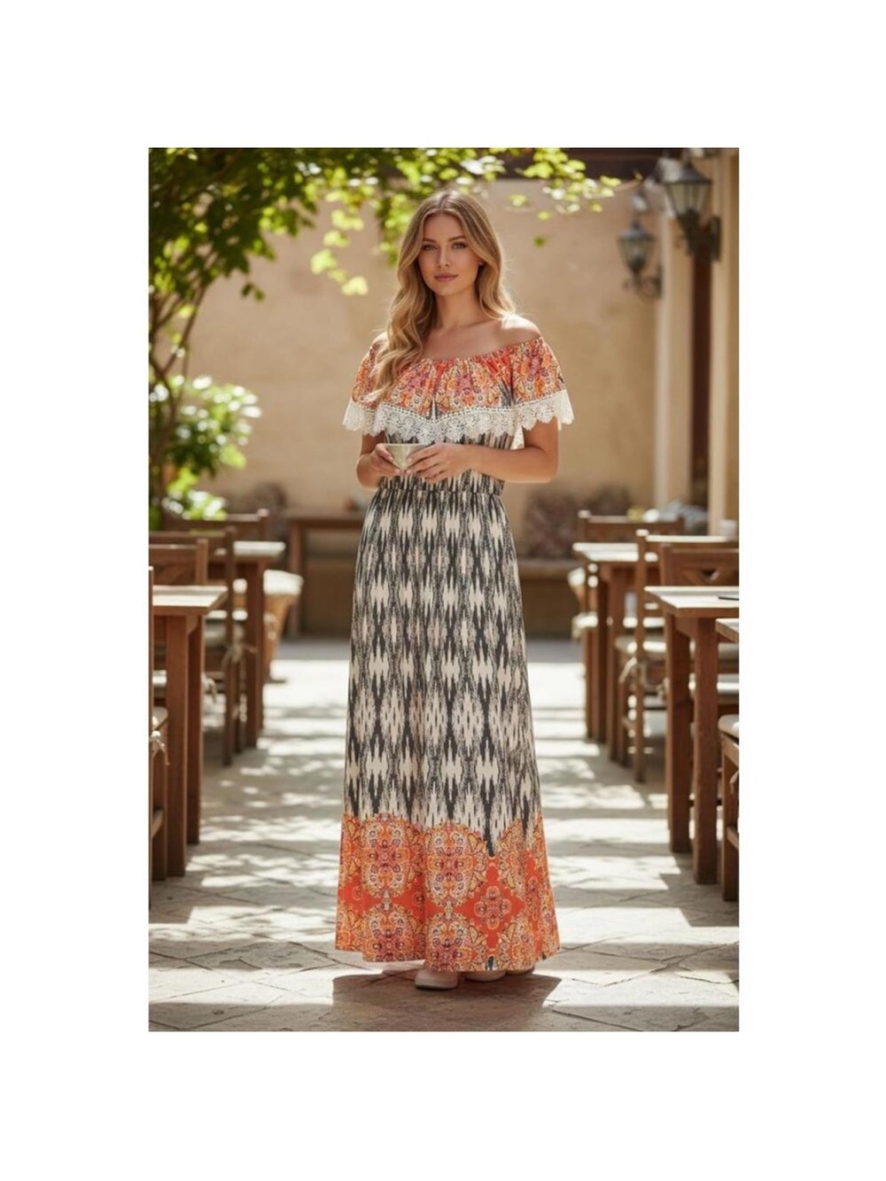 Boho Off-Shoulder Maxi Dress in Orange and Black